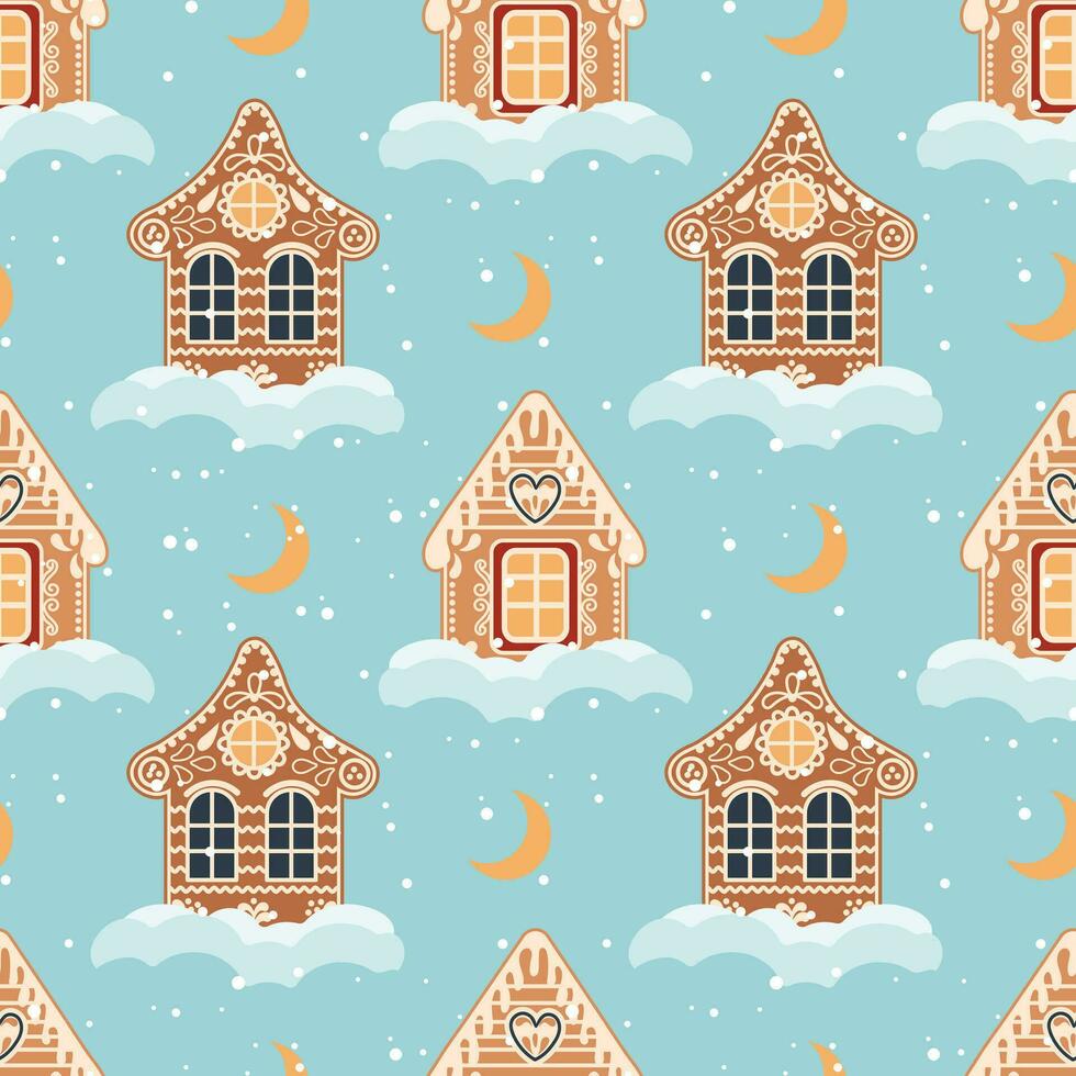 Natal fundo do Pão de gengibre casas com neve e lua. desatado padronizar dentro plano desenho animado estilo. vetor