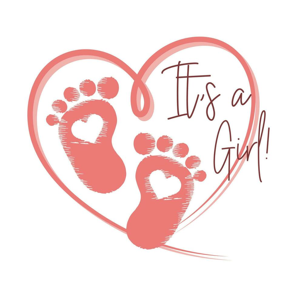 Rosa coração com bebê pegadas e a inscrição Está uma garota. recém-nascido bebê ícone, símbolo, imprimir, cartão postal, vetor
