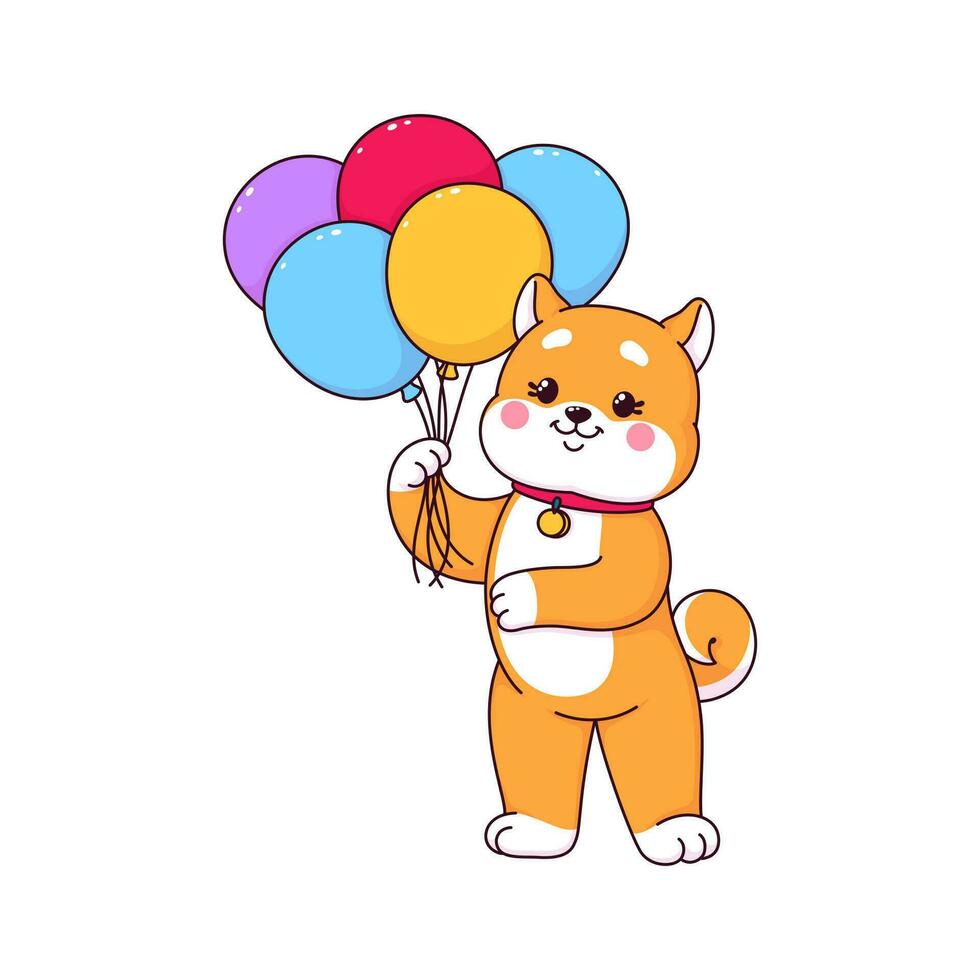 desenho animado kawaii Shiba inu cachorro segurando balões vetor