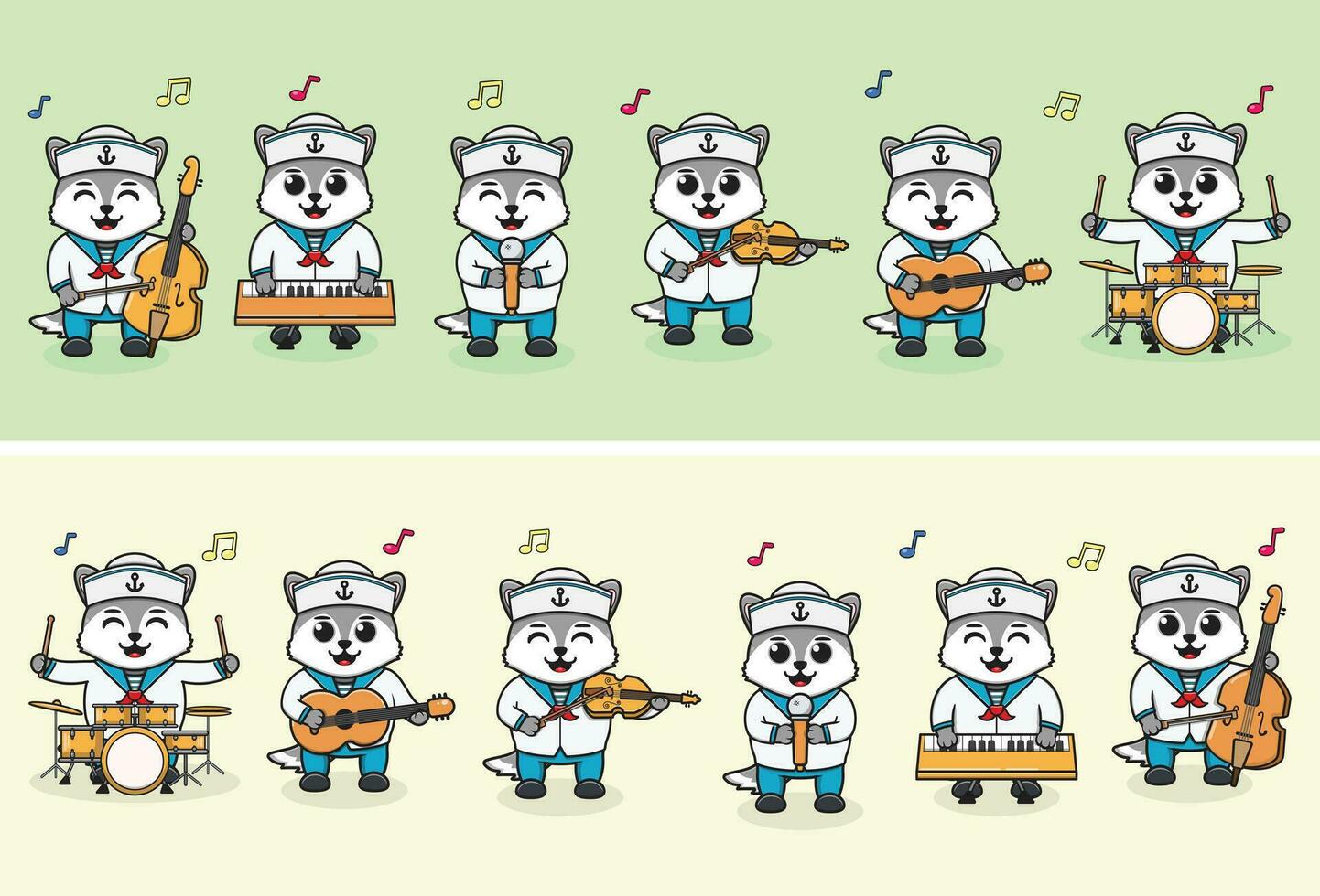 vetor ilustração do fofa Lobo marinheiros música banda. grande conjunto do fofa animal desenho animado dentro profissões. Lobo desenho animado plano estilo.