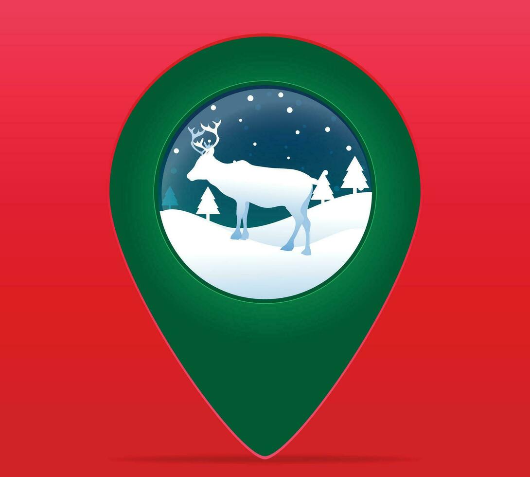 Natal, Novo ano e rena dentro verde PIN marcador em vermelho cor fundo, viagem e dando conceito navegação em feriado e festival. vetor