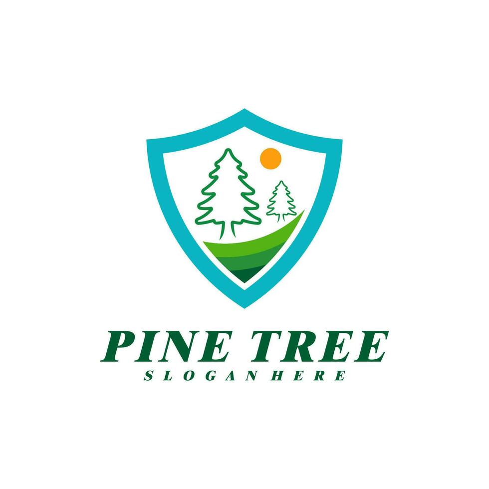 pinho árvore com escudo logotipo Projeto vetor. criativo pinho árvore logotipo conceitos modelo vetor