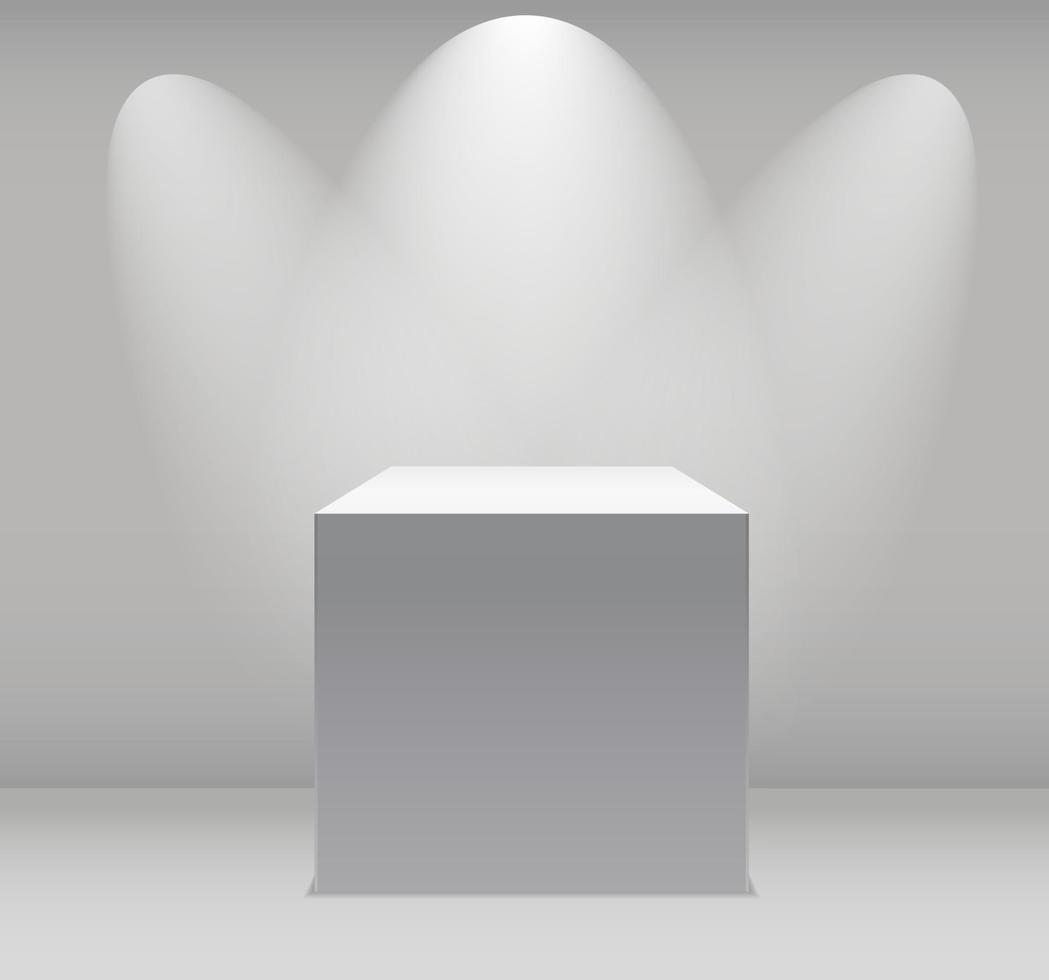 conceito de exposição, caixa vazia branca, suporte com iluminação o vetor