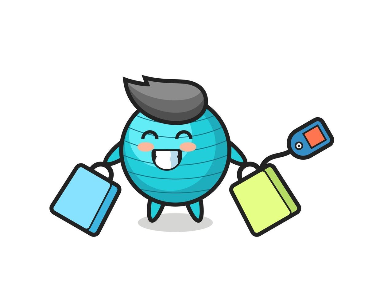 desenho animado do mascote da bola de exercícios segurando uma sacola de compras vetor