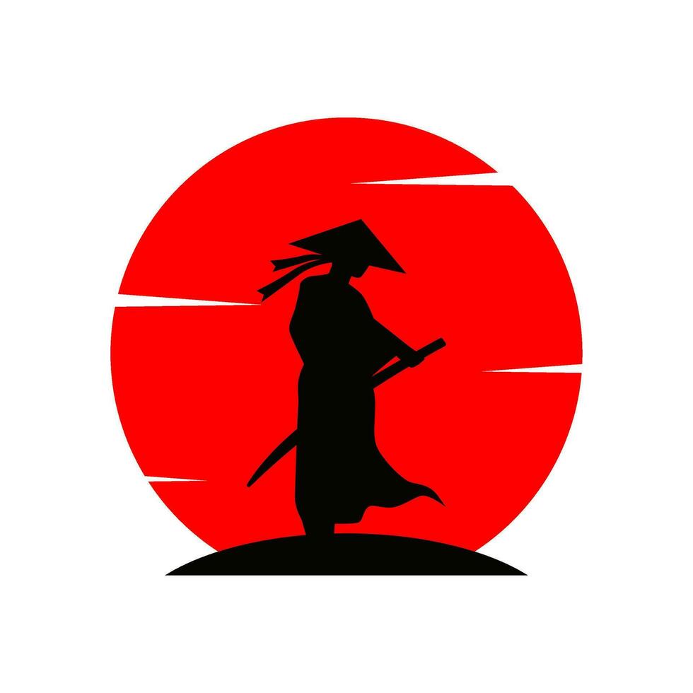samurai silhueta logotipo dentro frente do vermelho lua vetor
