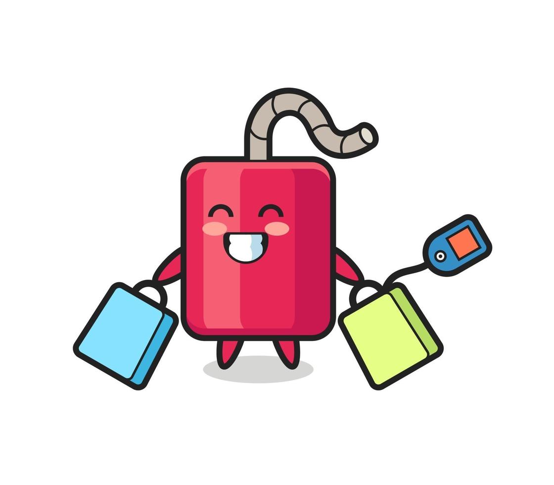 desenho animado da mascote dinamite segurando uma sacola de compras vetor