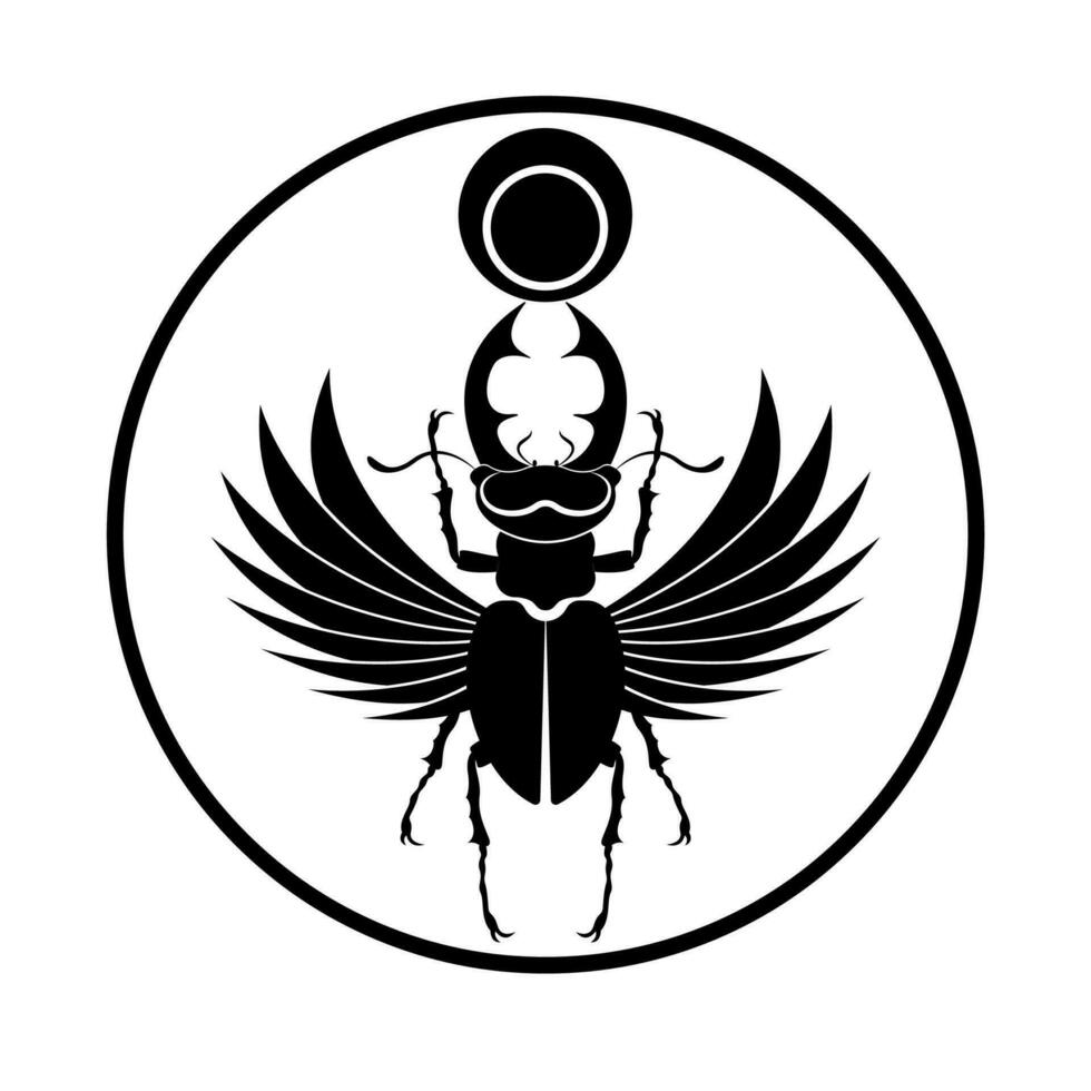 egípcio sagrado escaravelho veado besouro chifres com asas. Preto logotipo silhueta vetor inseto isolado em uma branco fundo. símbolo do a antigo egípcios do a Deus do a Sol dentro círculo forma