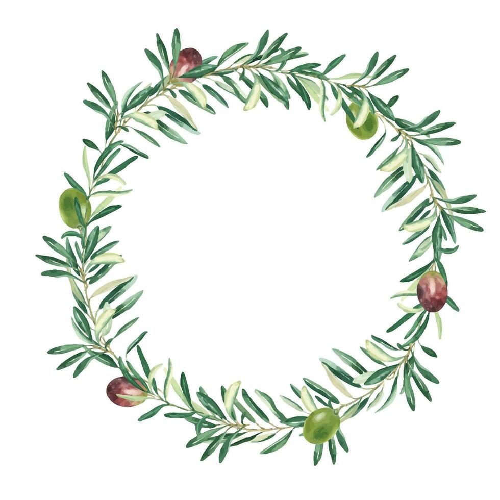 aguarela Oliva guirlanda com verde e vermelho azeitonas. mão desenhado botânico ilustração. pode estar usava para cartões, emblema, logotipos e Comida Projeto. vetor