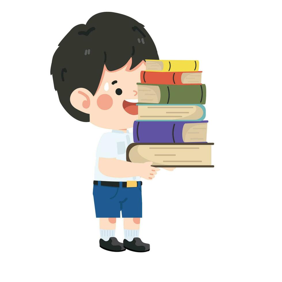 criança aluna carregando uma pilha do livros vetor
