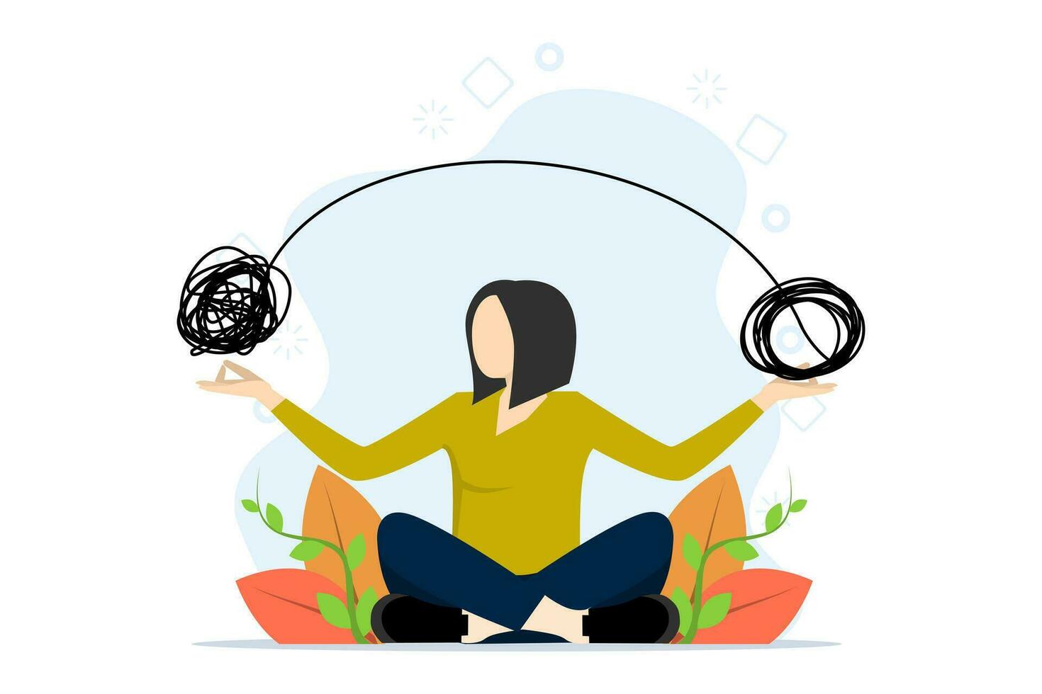 ao controle emoções durante problema resolução ou frustração trabalhos conceito. calma mulher com sentado lótus alterar caótico linhas para dentro ordenadamente e relaxado linhas. estresse gerenciamento, meditação para reduzir ansiedade vetor