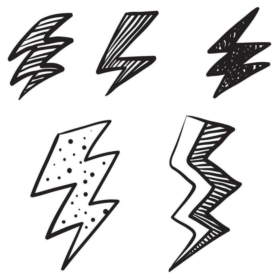 conjunto de ilustrações de esboço de símbolo de relâmpago elétrico mão desenhada doodle doodle. ícone do doodle do símbolo do trovão. vetor