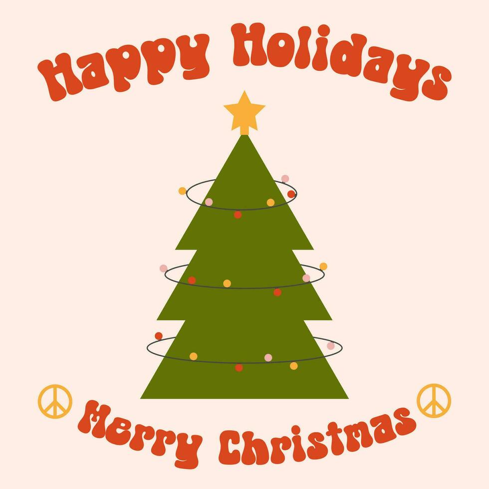 groovy Natal árvore com guirlandas, Paz sinal, frase alegre Natal. hippie estilo. cumprimento cartão. vetor