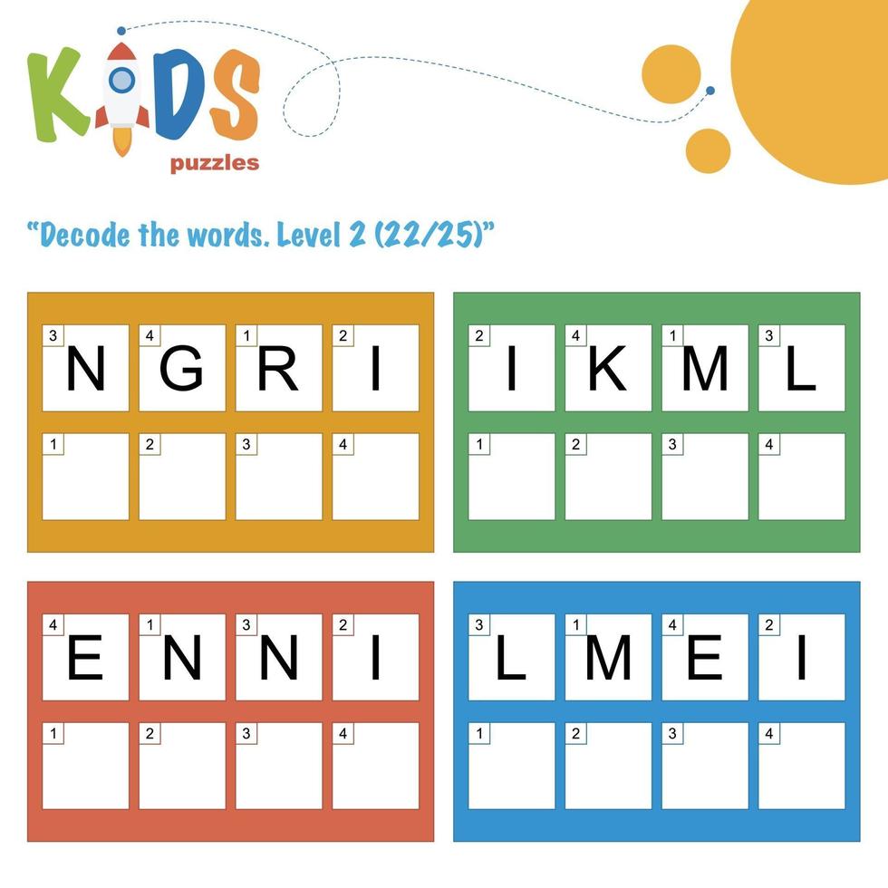 decodificar as palavras escondidas. planilha lógica fácil de imprimir para crianças vetor