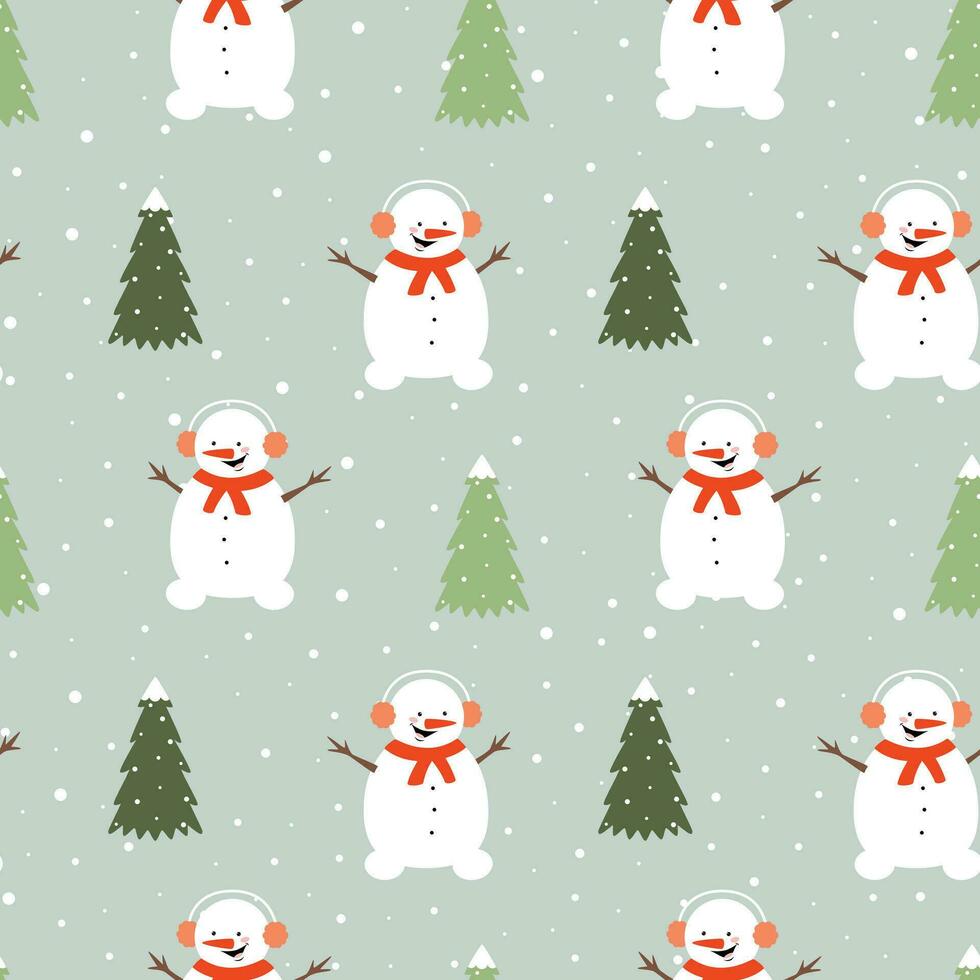 desatado padronizar com fofa boneco de neve, Natal árvore e flocos de neve. vetor plano Projeto para embrulho, tecido, papel de parede.