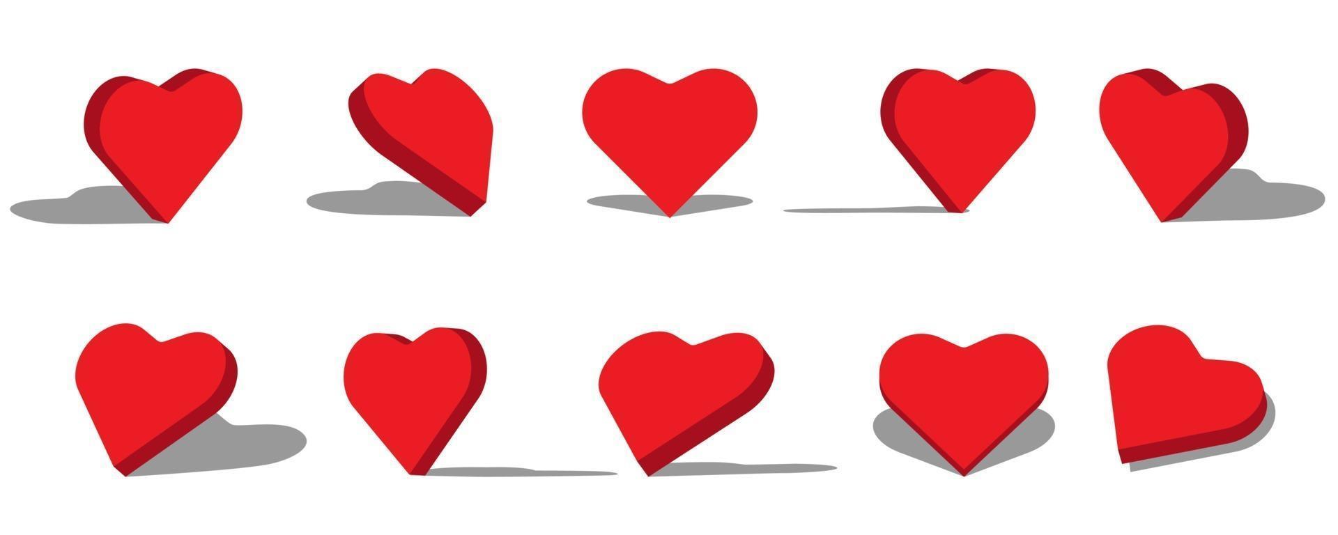 Ilustração do ícone 3d de coração vermelho com diferentes pontos de vista e ângulos vetor