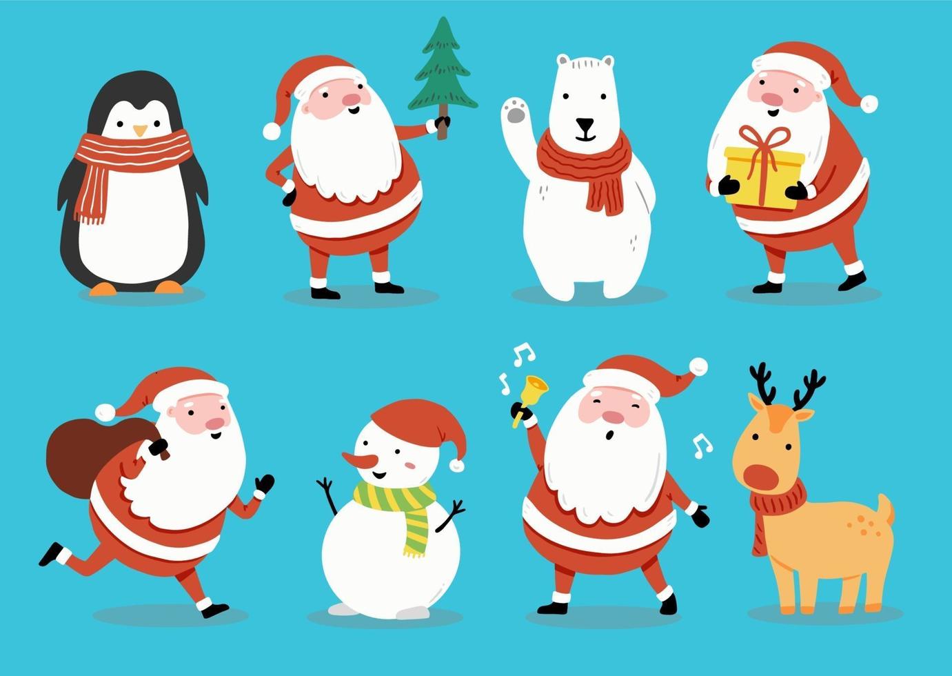 definir personagem de desenho animado com Papai Noel e o animal, ilustração do boneco de neve vetor