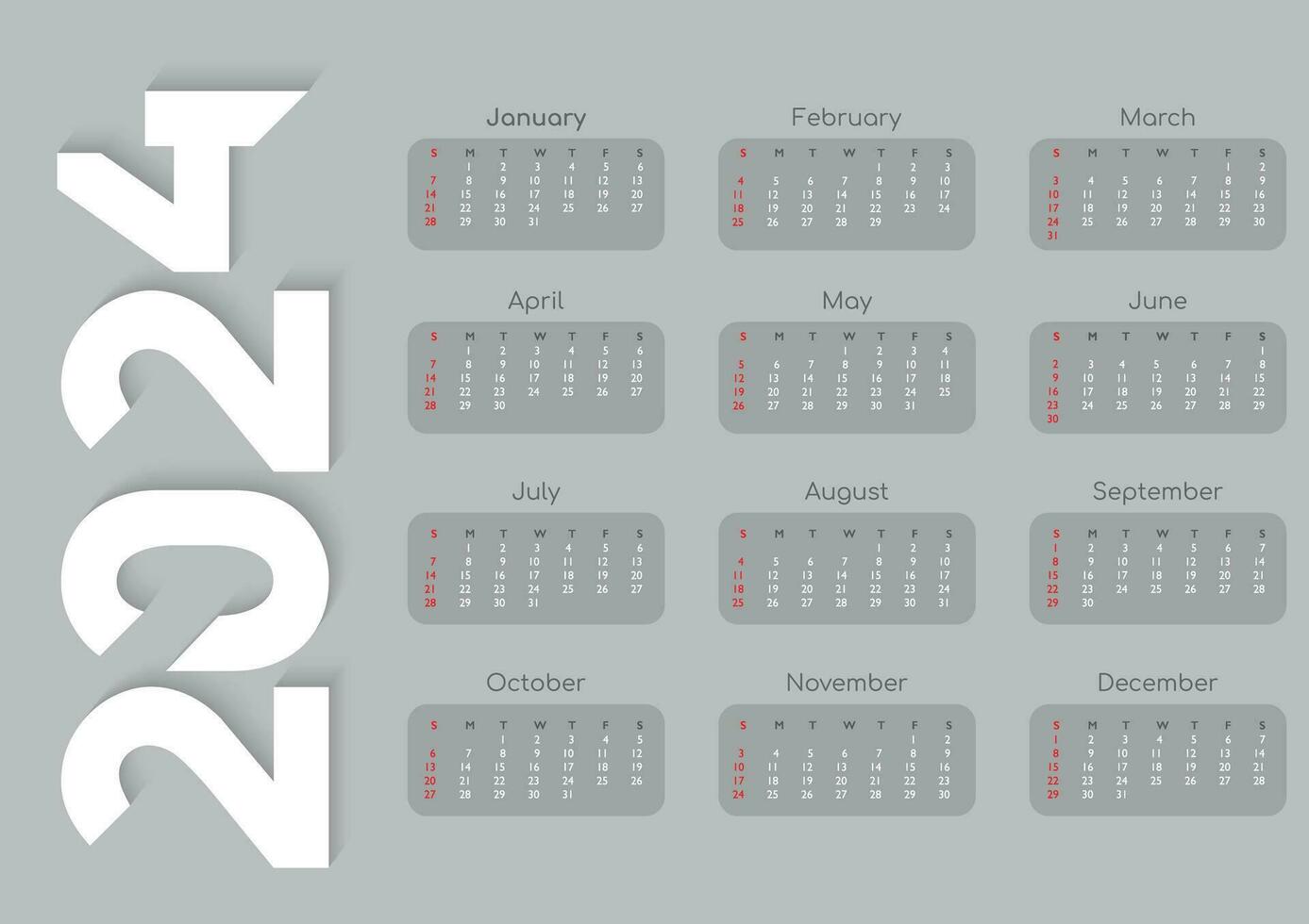 por mês 2024 ano calendário modelo. parede ou escrivaninha calendário dentro uma minimalista estilo. semana começa em Domingo. a3 formatar. vetor