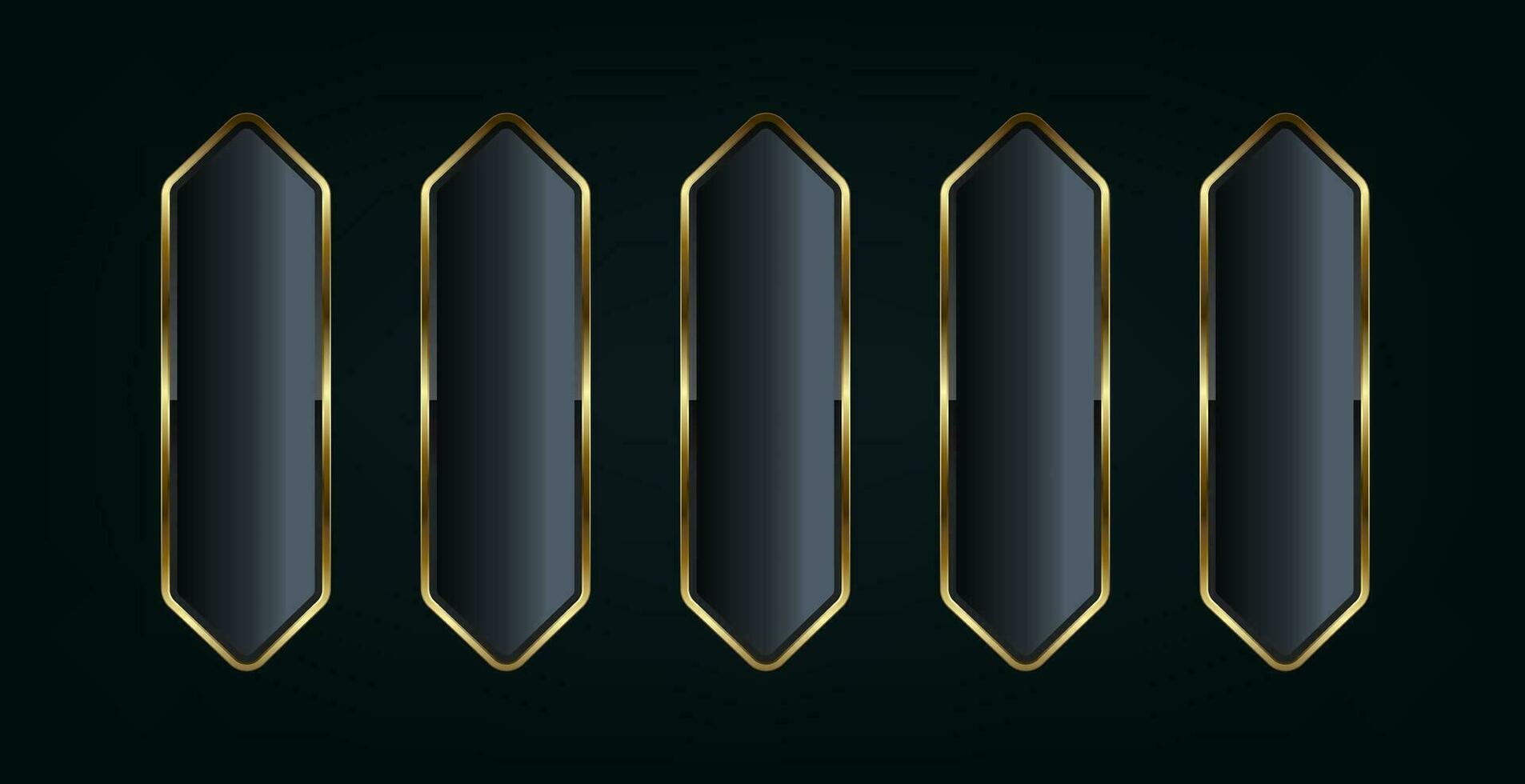 cinco botões do arte deco estilos isolado em Preto fundo. realista vetor ilustração do bronze, dourado, prata metal luxo ui conceitos botões modelos