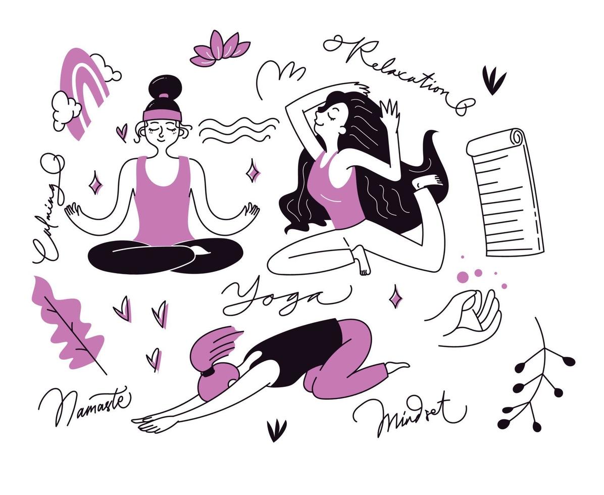 mulher desenhada à mão praticando ioga doodle vetor