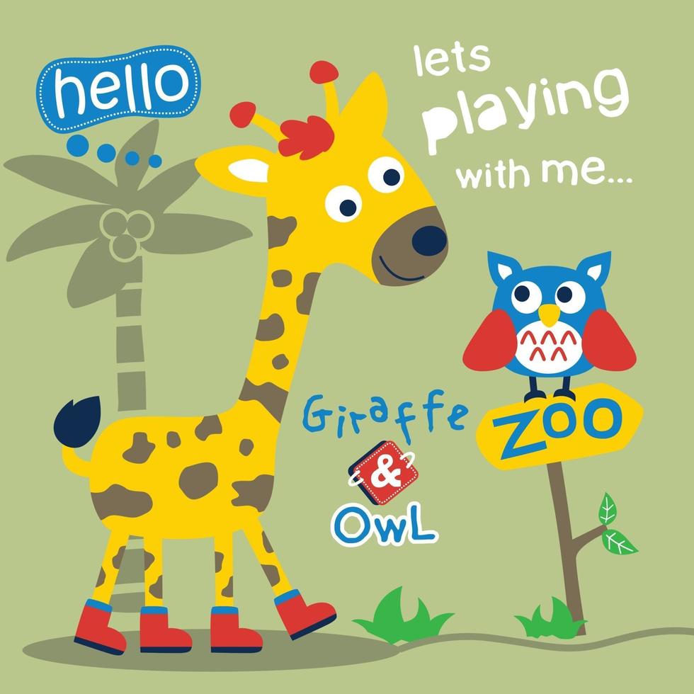 girafa e coruja no desenho animado do zoológico, ilustração vetorial vetor