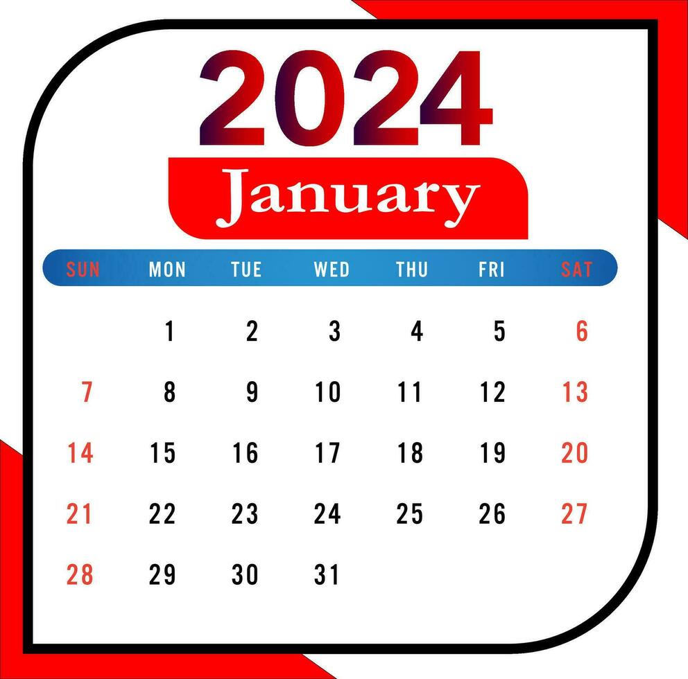 2024 janeiro mês calendário com vermelho e Preto vetor