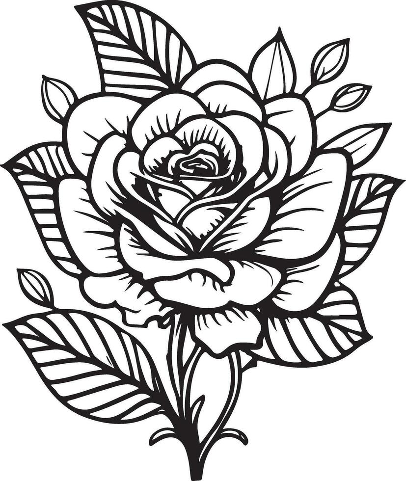 rosa flor clipart Preto branco imagens. mão desenhado rosas. esboço rosa flores com folhas vetor