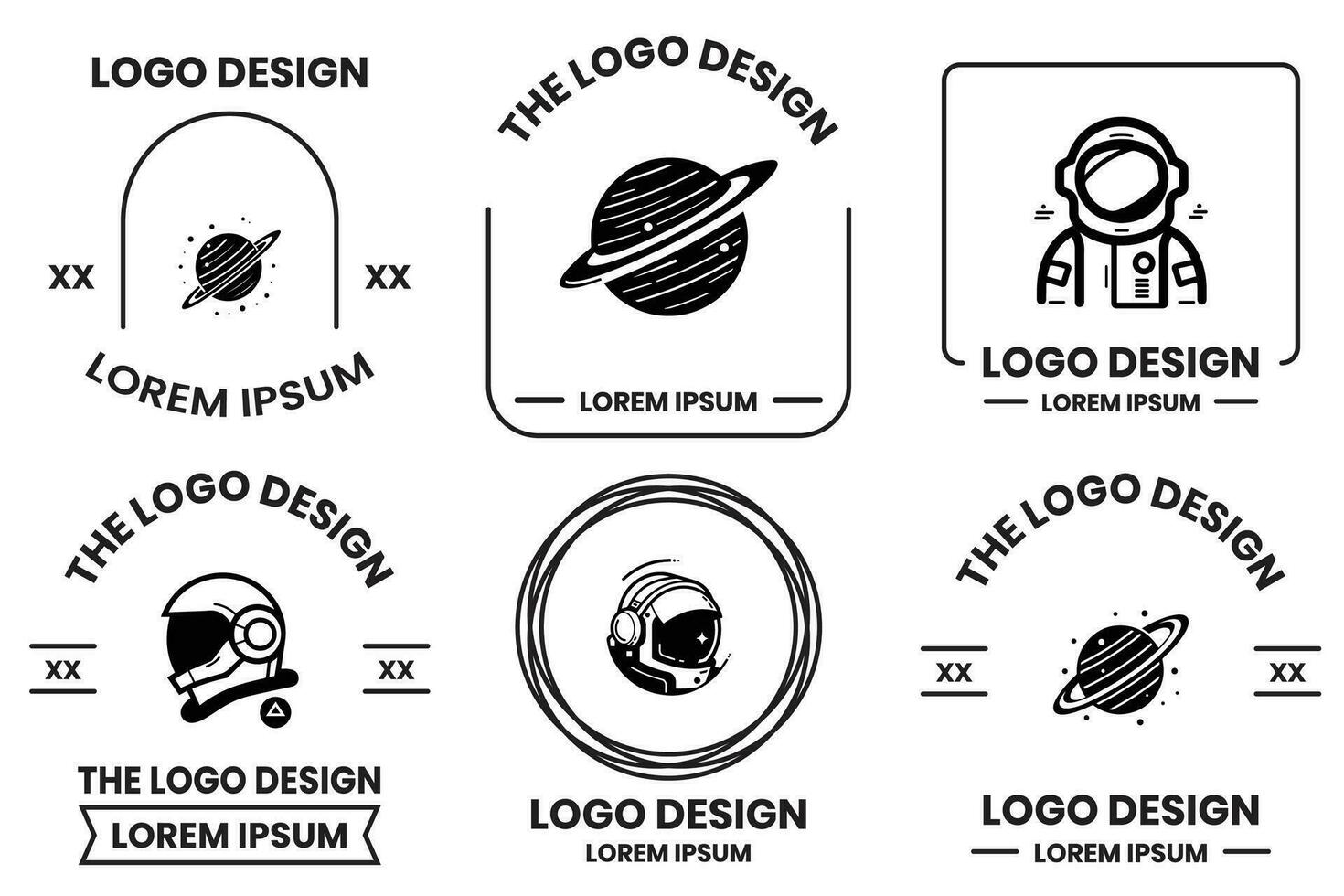 astronauta e planeta logotipo dentro plano linha arte estilo vetor