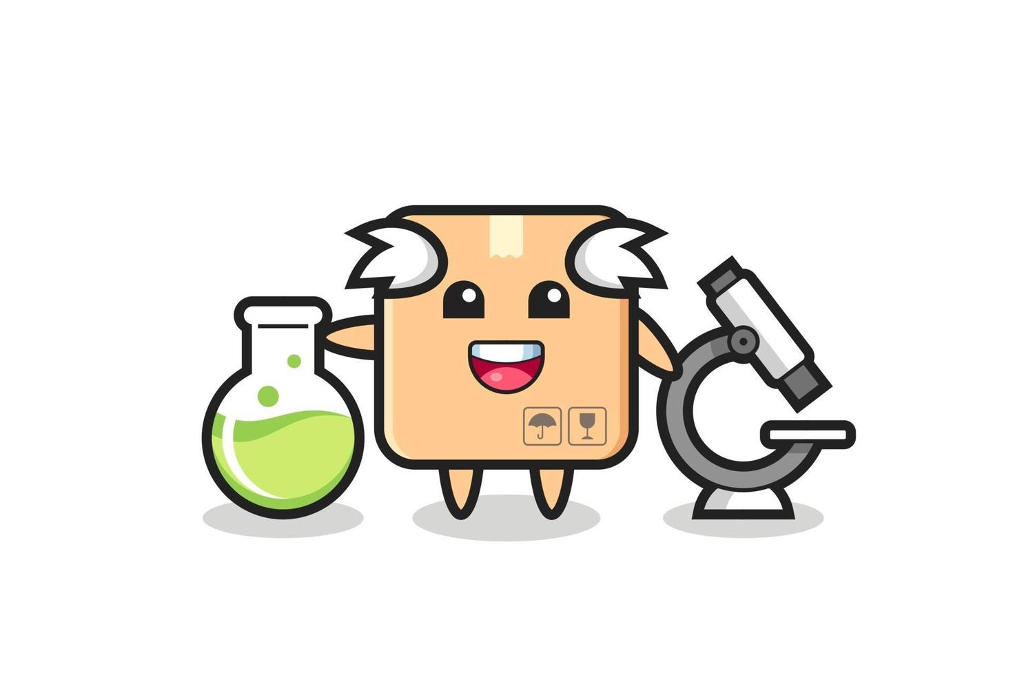 personagem mascote da caixa de papelão como um cientista vetor