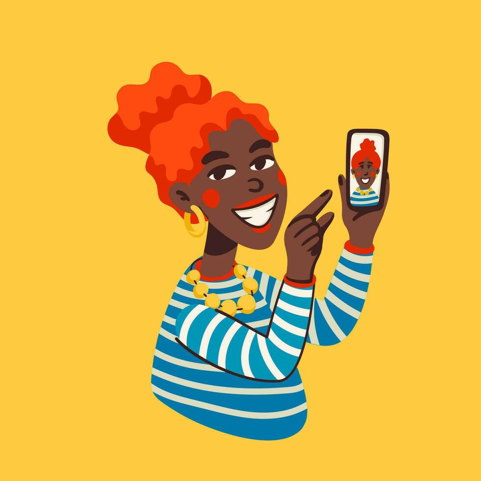 jovem Preto mulher levando selfie ou gravação vídeo para social meios de comunicação com Smartphone. feliz fêmea personagem com Móvel telefone. blogueiro ou vlogger desenho animado personagem vetor