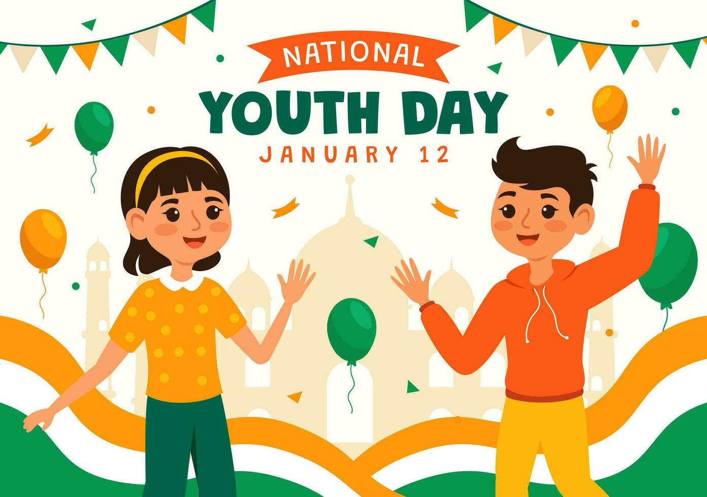 feliz internacional juventude dia do Índia vetor ilustração com indiano bandeira e jovem Rapazes ou meninas união dentro plano crianças desenho animado fundo