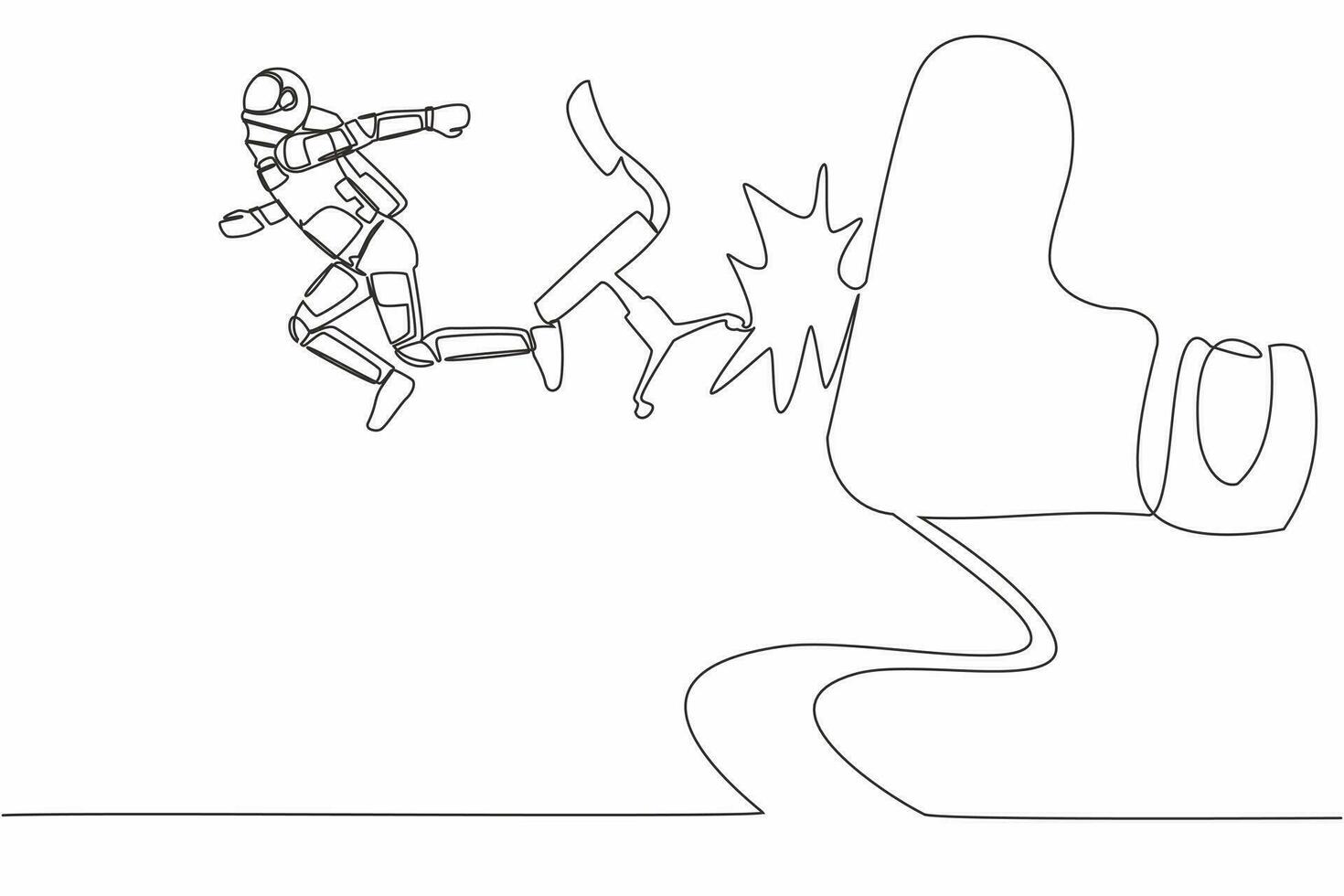 solteiro contínuo linha desenhando jovem astronauta chutado Fora de grande pé dentro lua superfície. astronauta chutado longe a partir de cadeira de gigante pés. cosmonauta profundo espaço. 1 linha Projeto vetor gráfico ilustração