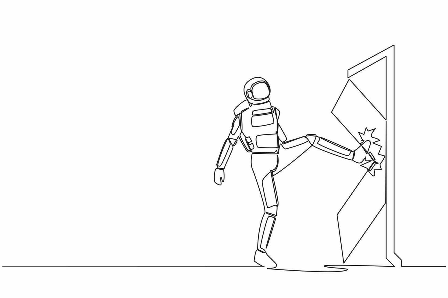 solteiro 1 linha desenhando jovem astronauta chutes porta até porta quebrado dentro lua superfície. astronauta chutando trancado porta, destruir. cósmico galáxia espaço. contínuo linha gráfico Projeto vetor ilustração