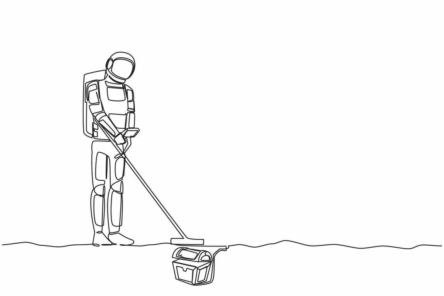 solteiro 1 linha desenhando jovem astronauta com metal detector olhando para Tesouro peito e achando precioso jóia. cósmico galáxia espaço conceito. contínuo linha desenhar gráfico Projeto vetor ilustração