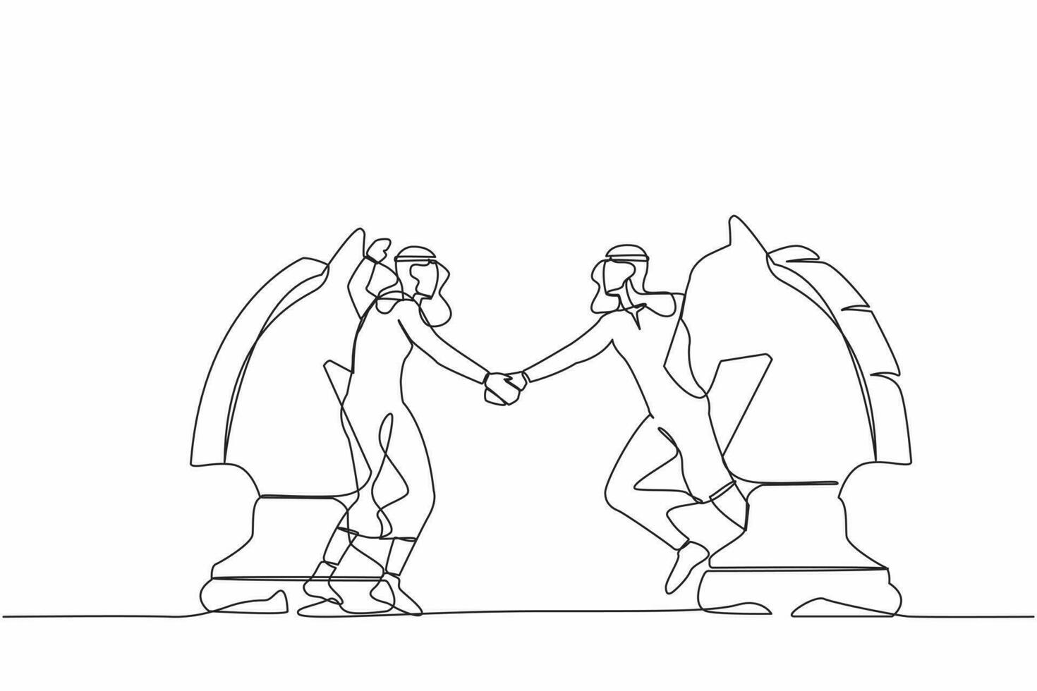 contínuo 1 linha desenhando árabe homem de negocios competidores em pé em cavalo xadrez pedaço, aperto de mãos depois de terminar acordo. negociação habilidade e parceria. solteiro linha Projeto vetor ilustração