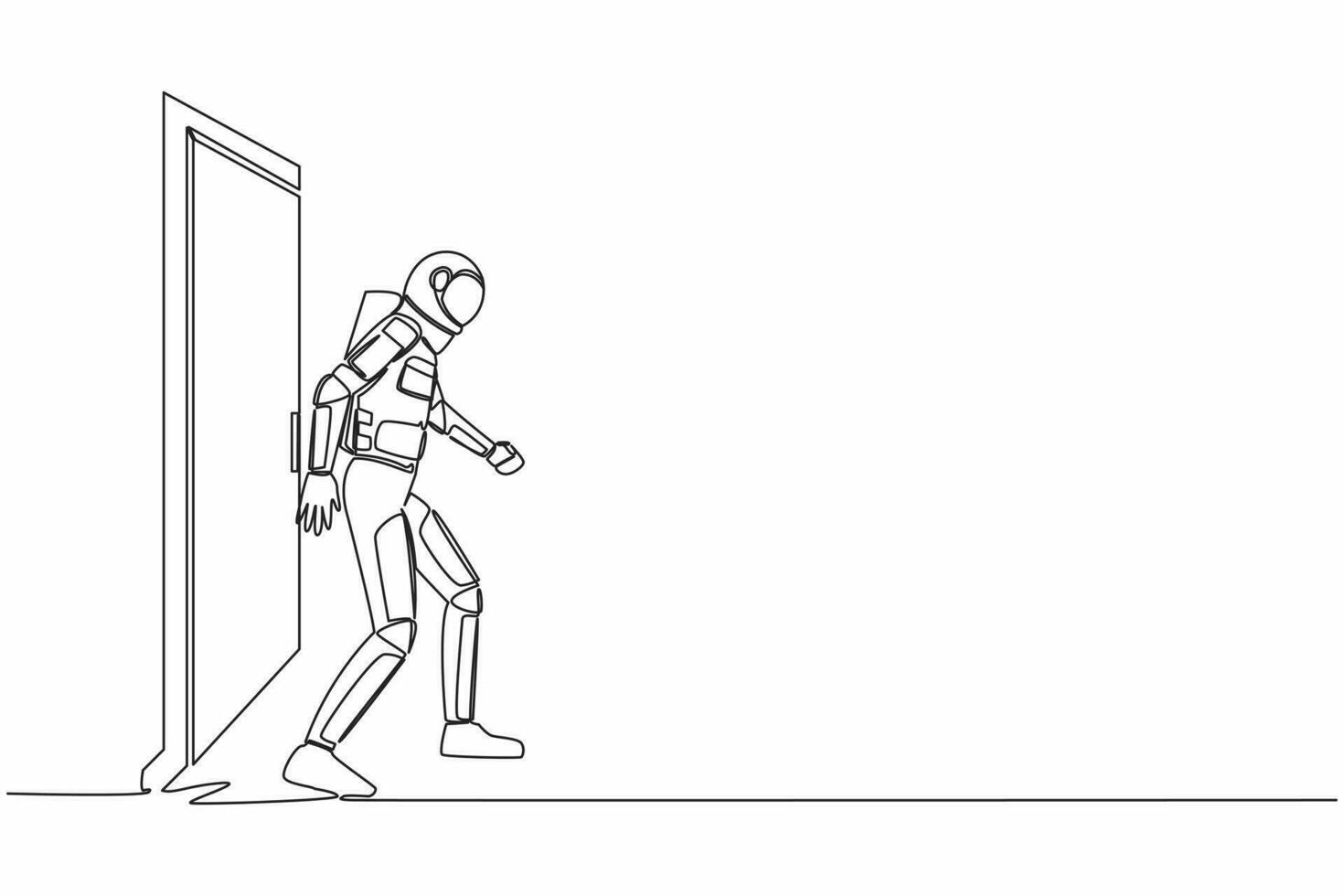 solteiro contínuo linha desenhando do jovem astronauta caminhando e deixando fechadas porta dentro lua superfície. Novo espaço interestelar expedição. cosmonauta profundo espaço. 1 linha gráfico Projeto vetor ilustração