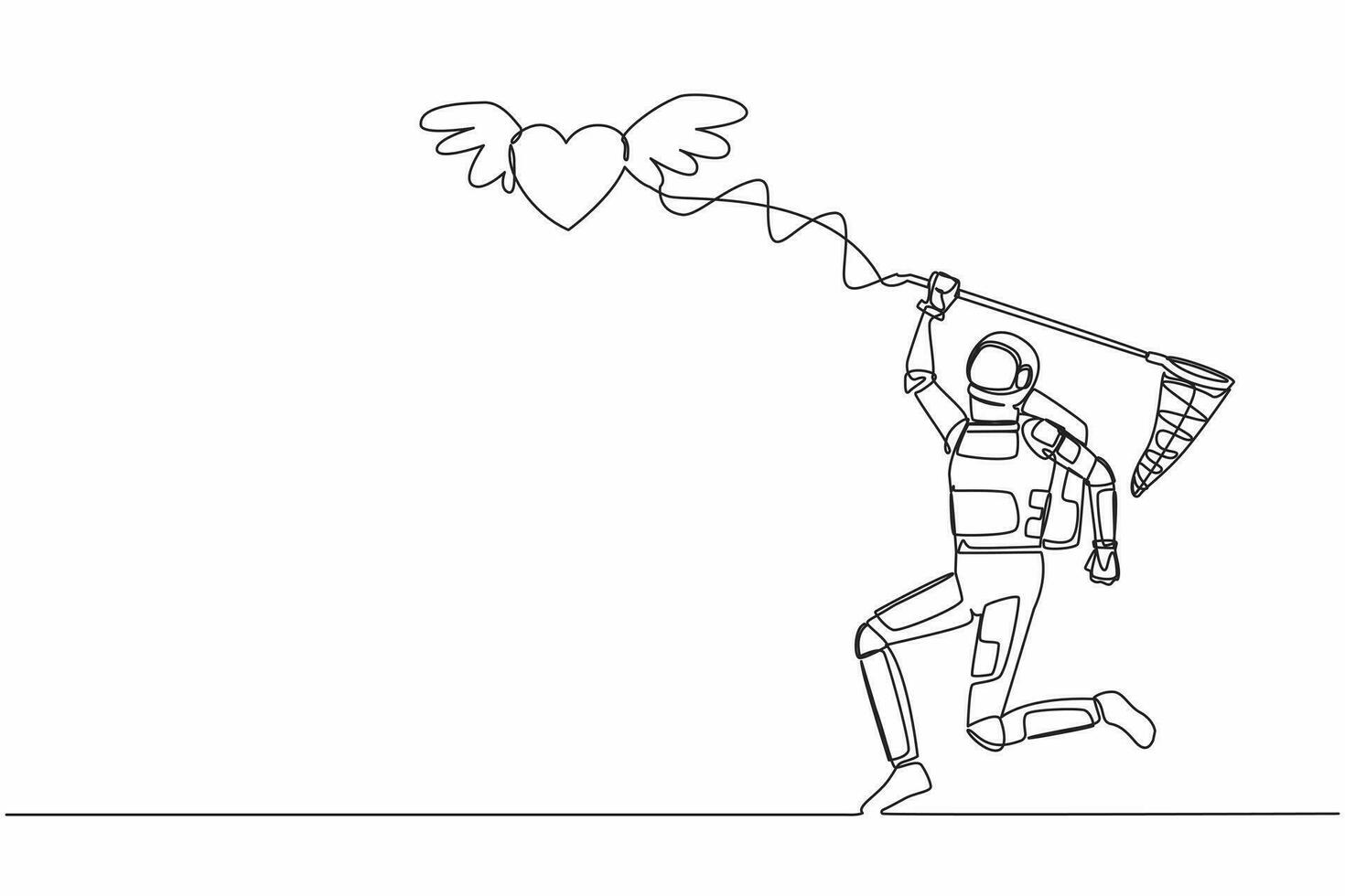 solteiro contínuo linha desenhando jovem astronauta experimentar para pegando vôo coração com borboleta líquido. amor relação com espaço expedição. cosmonauta profundo espaço. 1 linha desenhar Projeto vetor ilustração