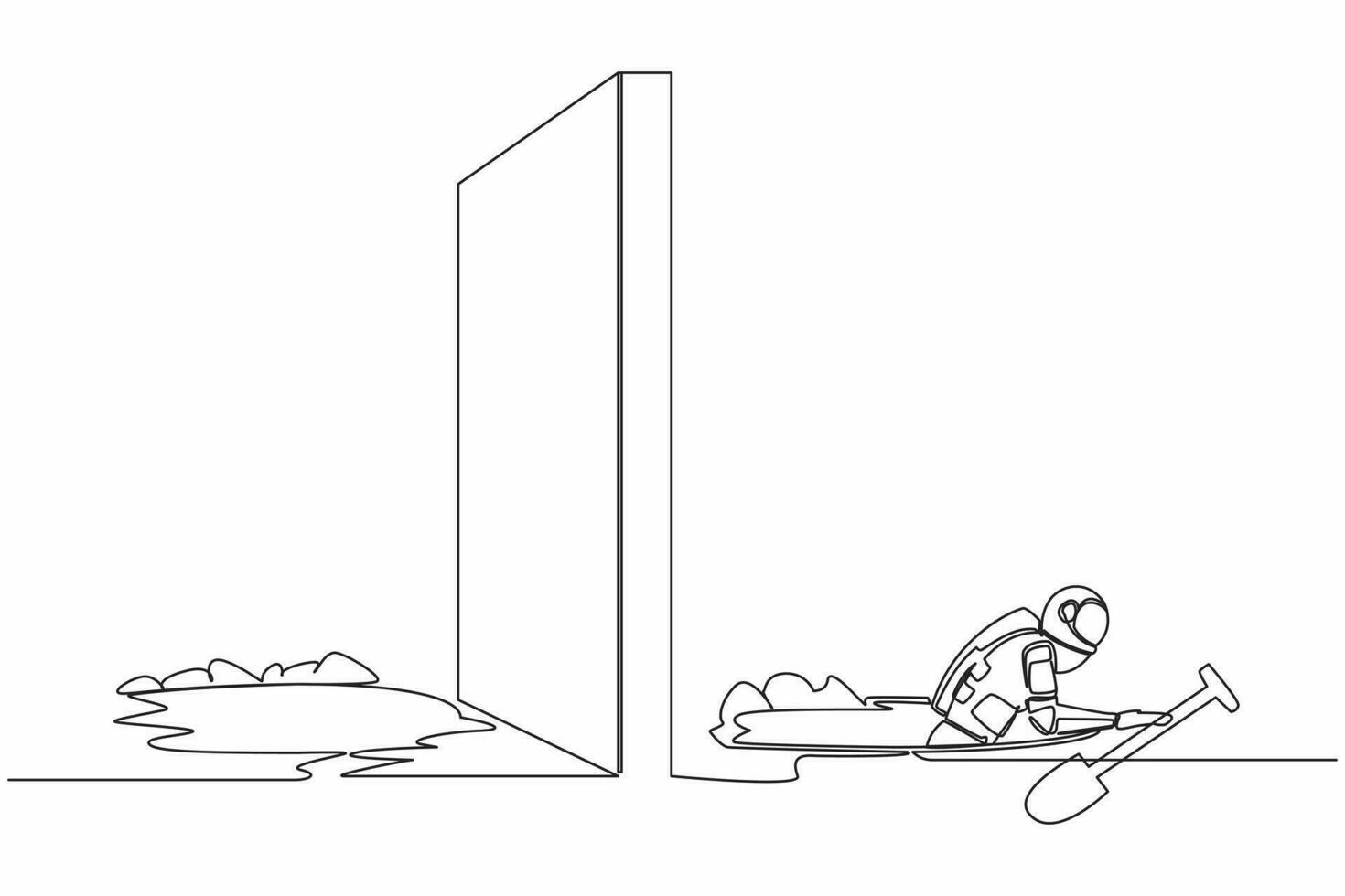 solteiro 1 linha desenhando jovem astronauta escavação túnel debaixo parede ou obstáculo em fronteira ou em caminho para sucesso espaço expedição. cósmico galáxia espaço. contínuo linha gráfico Projeto vetor ilustração