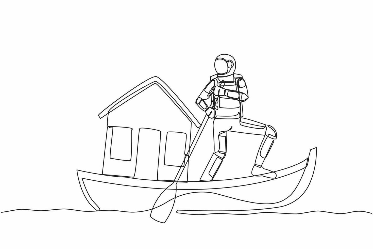 solteiro 1 linha desenhando do jovem astronauta Navegando longe em barco com casa. procurar para habitação em planetas de outros que terra. cósmico galáxia espaço. contínuo linha desenhar Projeto gráfico vetor ilustração