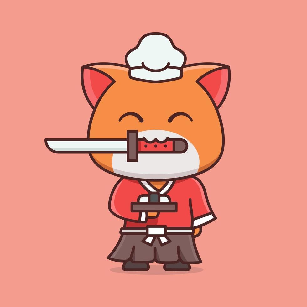 desenho de sushi de gato samurai fofo vetor