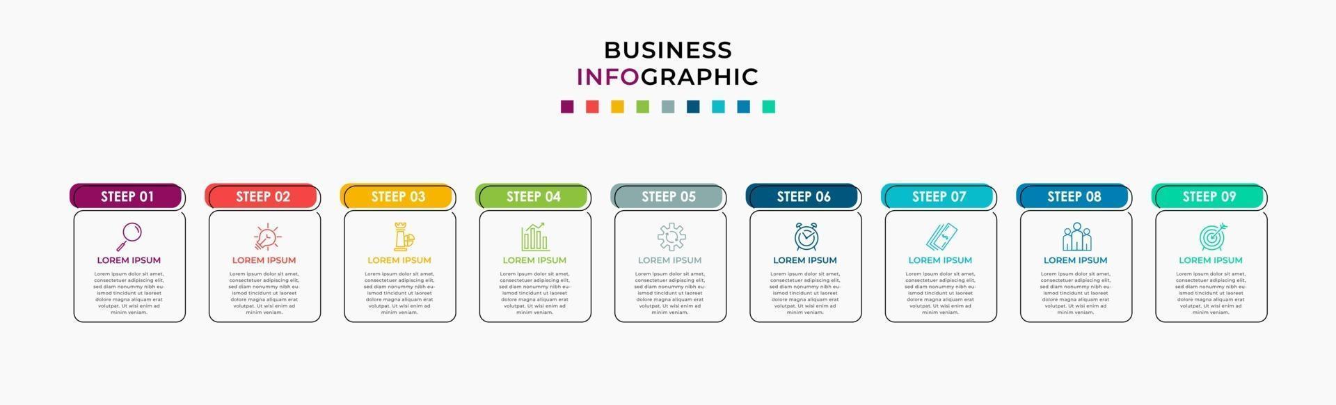 modelo de negócios de design de infográfico com ícones e 9 opções ou etapas vetor