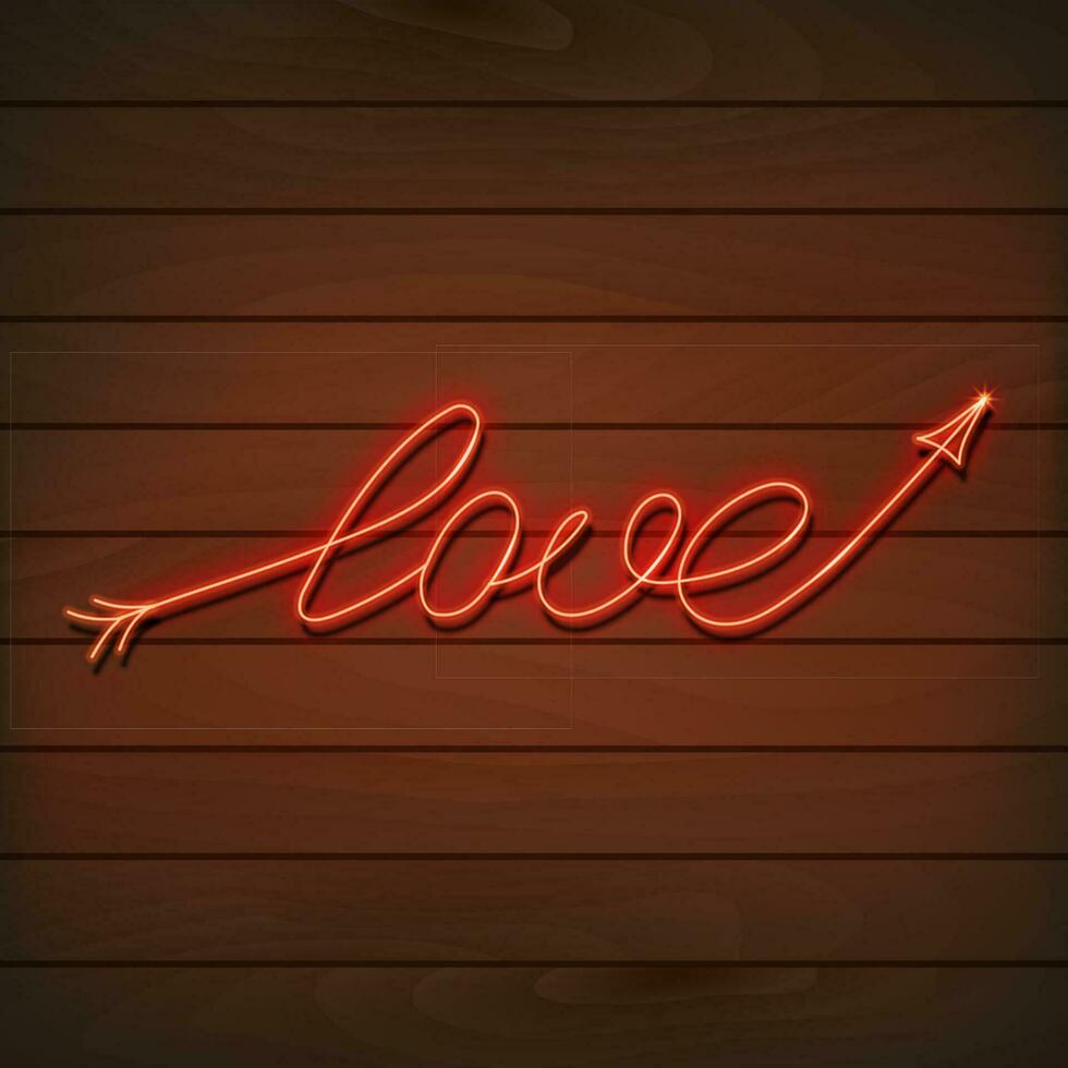 néon palavra amar. uma brilhante vermelho placa em uma de madeira muro. elemento do Projeto para uma feliz namorados s dia. vetor ilustração.