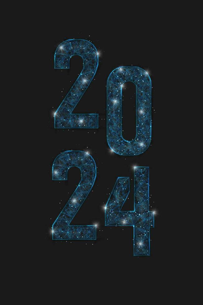 abstrato isolado azul imagem do Novo ano número 2024. poligonal baixo poli estrutura de arame ilustração parece gostar estrelas dentro a fogo noite céu dentro espasmo ou vôo vidro cacos. digital rede, Internet Projeto. vetor
