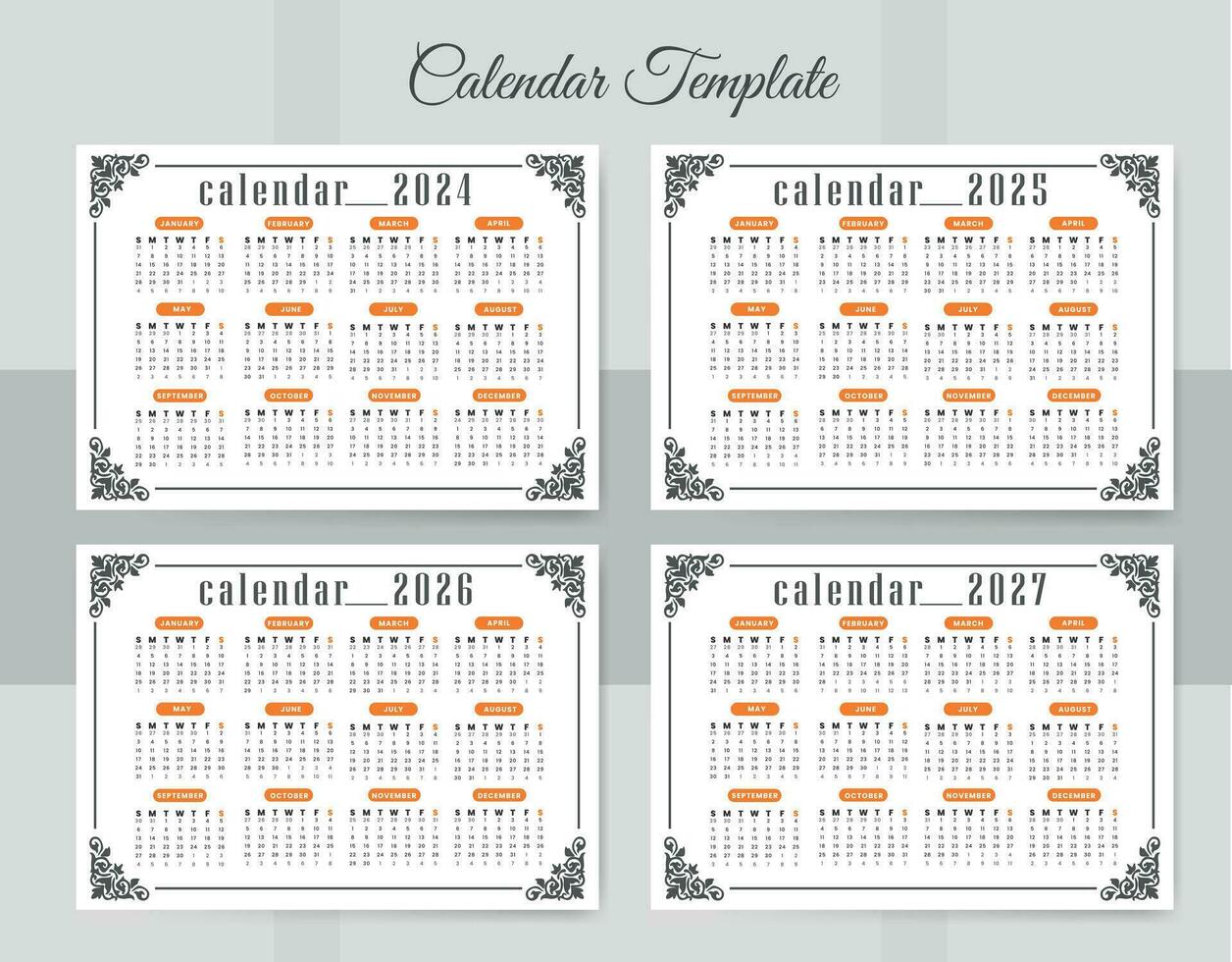 simples calendário conjunto para 2024-2027 anos editável panorama vetor calendário modelo