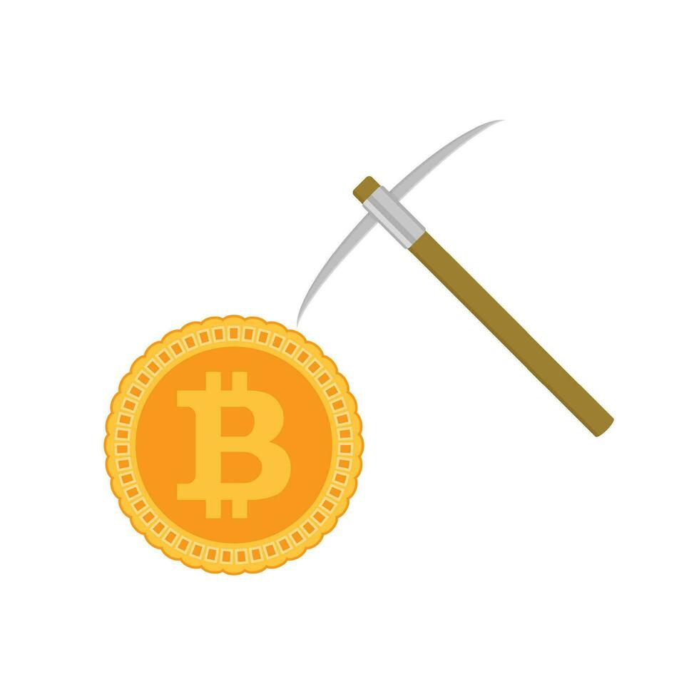mineração bitcoin conceito. moeda e escolher vetor. bitcoin moeda e dinheiro, picareta e ouro finança moeda ilustração vetor