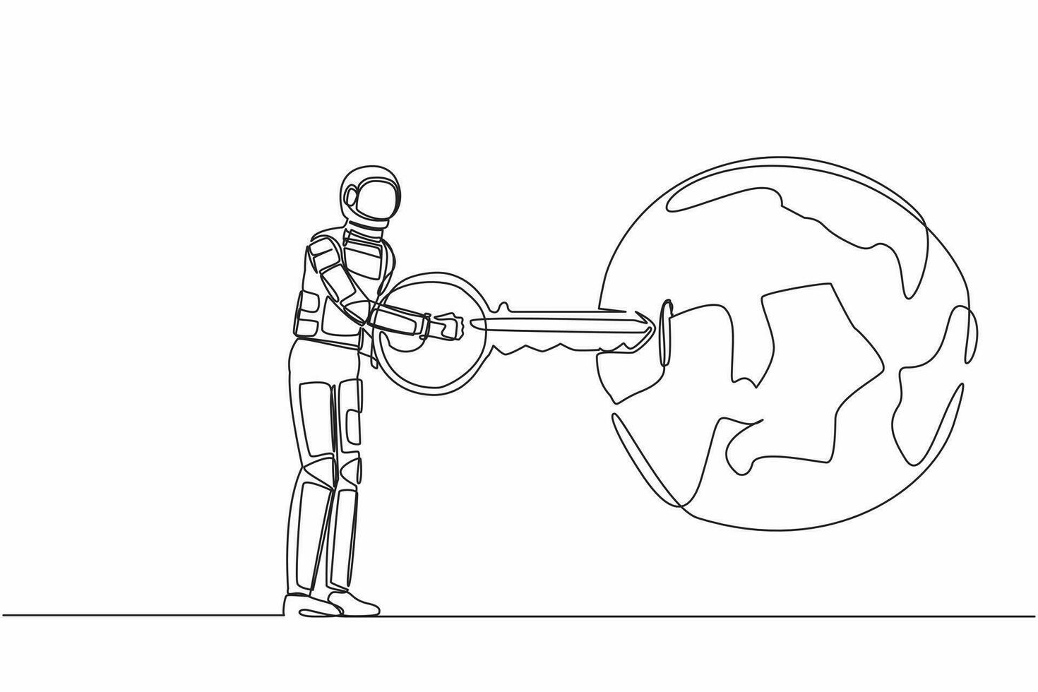 solteiro contínuo linha desenhando do astronauta colocando chave para dentro globo. viagem ou explorar terra acima atmosfera. pesquisa planeta orbital. cosmonauta profundo espaço. 1 linha Projeto vetor gráfico ilustração