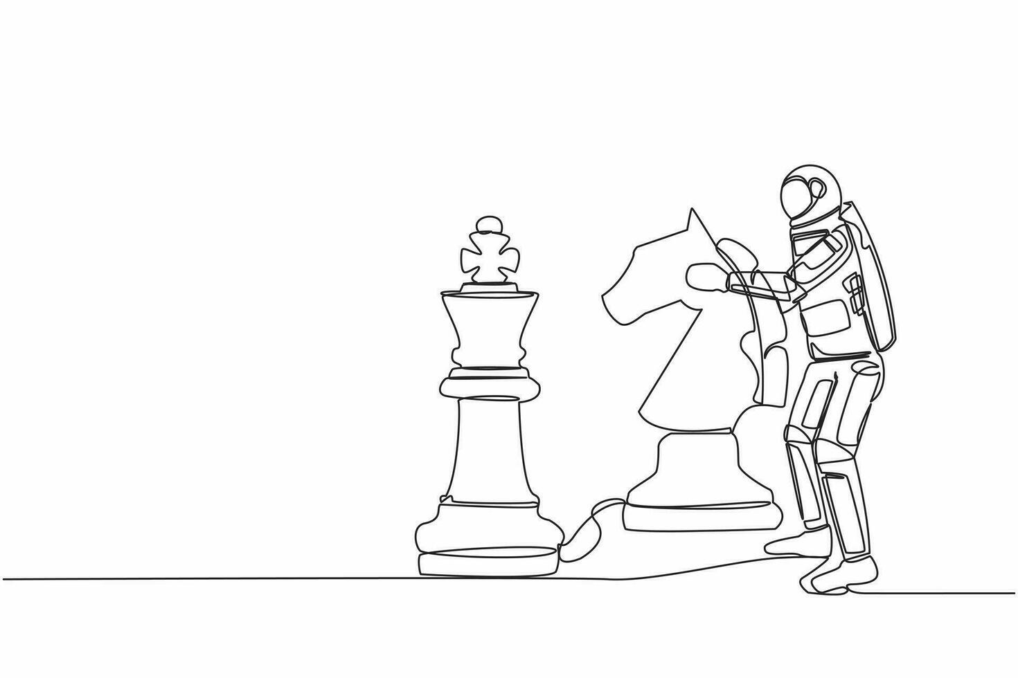 solteiro contínuo linha desenhando jovem astronauta segurando cavalo cavaleiro xadrez peça para batida rei xadrez. espaço o negócio vitória etapa. cosmonauta profundo espaço. 1 linha desenhar gráfico Projeto vetor ilustração