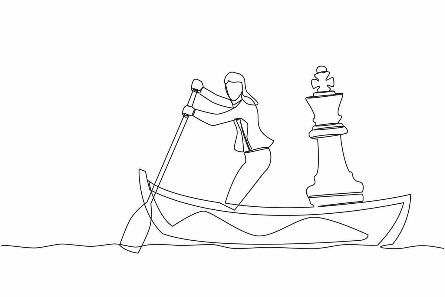 solteiro 1 linha desenhando empresária Navegando longe em barco com xadrez rei pedaço. companhia estratégia ou tático mover para ganhando o negócio concorrência. contínuo linha Projeto gráfico vetor ilustração