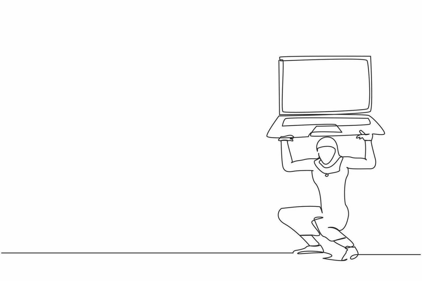 contínuo 1 linha desenhando árabe empresária carregando pesado computador portátil computador em dela voltar. cansado ou esgotamento empregado fadiga a partir de trabalhar. entediante escritório trabalhador. solteiro linha Projeto vetor ilustração