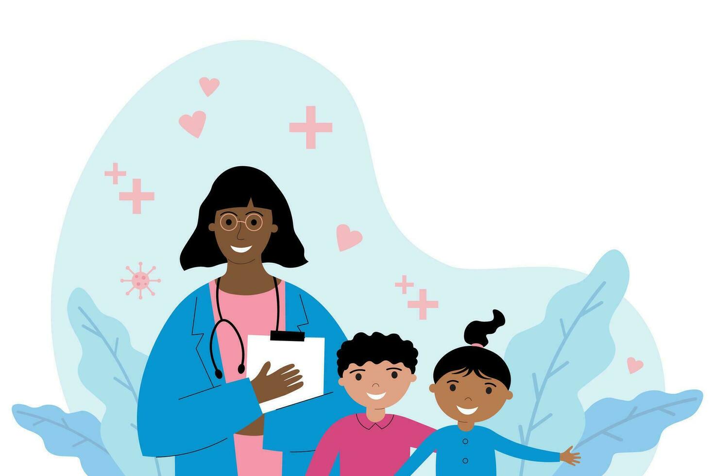 crianças médico médico mão desenhado vetor ilustração com africano americano pediatra e crianças em isolado branco fundo. cuidados de saúde remédio saúde bebê, bebês Visita a médico