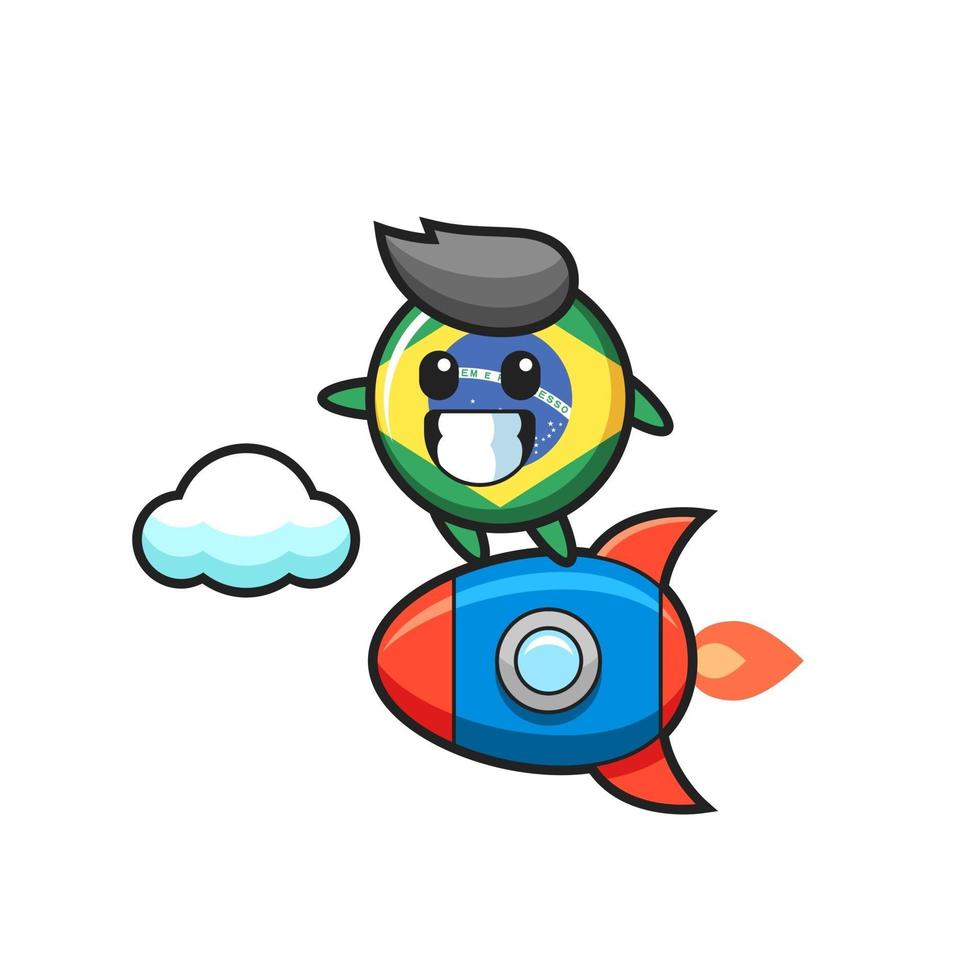 Personagem mascote do emblema da bandeira do brasil pilotando um foguete vetor